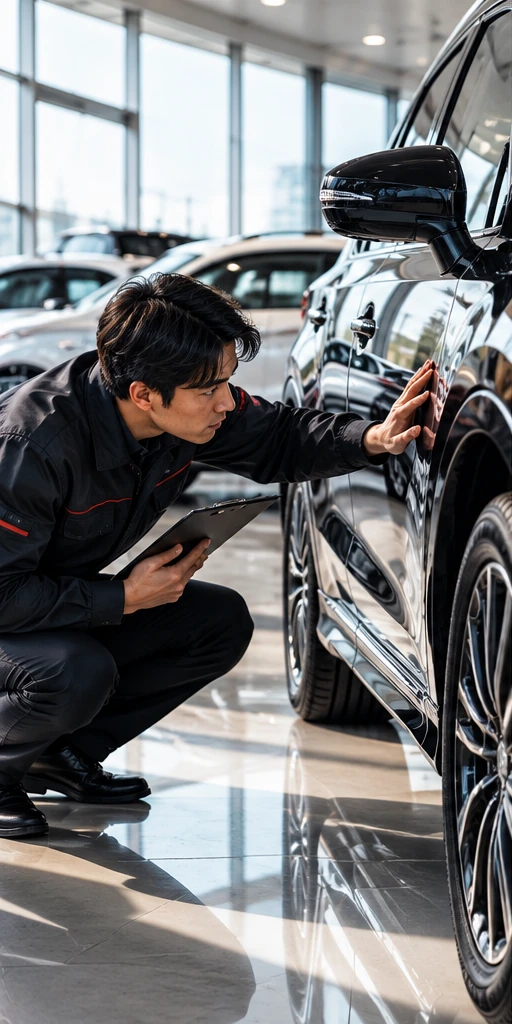 Technician carefully inspecting a vehicle in a bright showroom