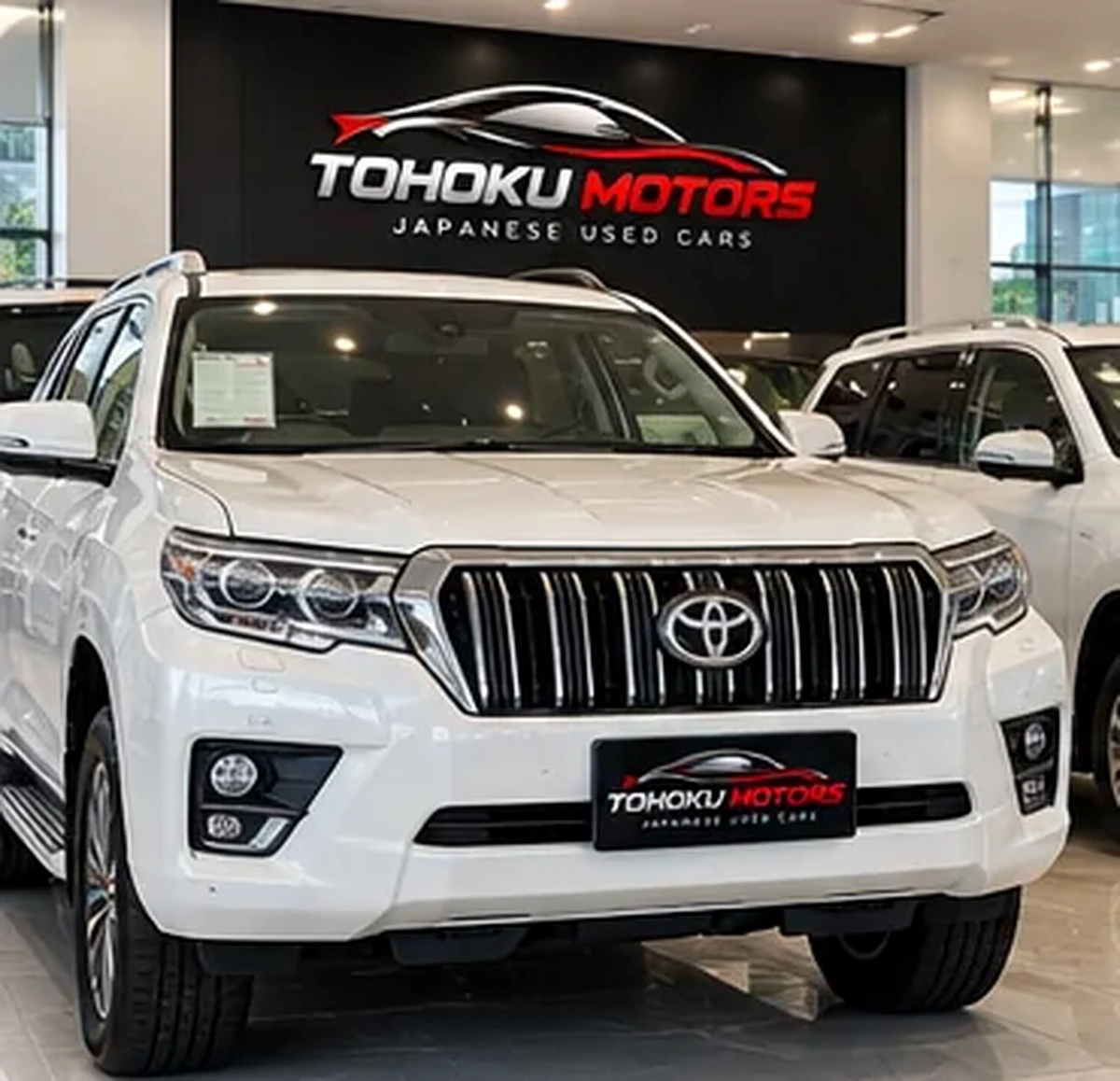 White premium Japanese SUV in a bright modern showroom
