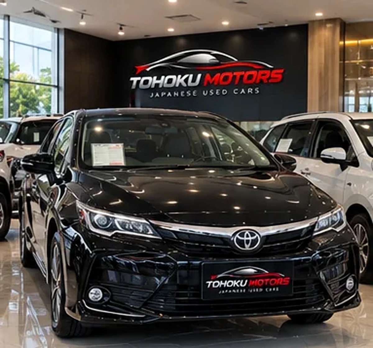 Black Japanese sedan photographed inside a contemporary showroom